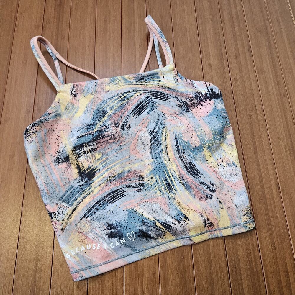 Athleta Girl Simone Biles Longline Crop Tank Sports Bra Cami XL 14 Pastel Print